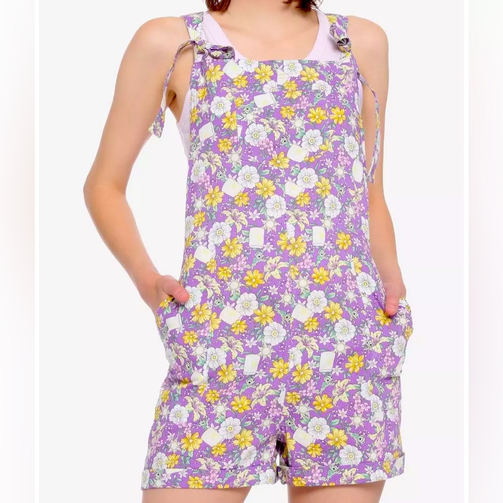 Hot Topic Disney Tangled Floral Tie Linen Shortalls Large LIKE NEW CONDITION